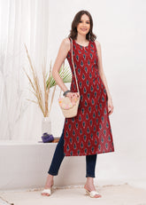 Crimson Red Ikkat Block Print Cotton Long Kurti - Celebrate Vibrant Traditions With Striking Red Ikkat Block Print